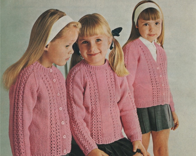 Girls Cardigan and Sweater Knitting Pattern PDF Girls 22, 24, 26, 28, 30 and 32 inch chest, Patterned Jumper, Round or V Neck Cardigan, pdf