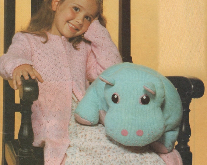 Girls Dressing Gown and Hippo Hippopotamus Toy - Hand Knit and Machine Knitting Pattern PDF 24, 26 and 28 inch chest, Cuddly Toy, Download