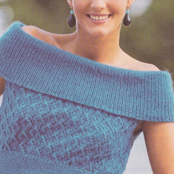 Womens Off the Shoulder Sweater Top Knitting Pattern PDF Ladies 30, 32, 34, 36 and 38 inch bust, Summer Jumper, Vintage Patterns for Women