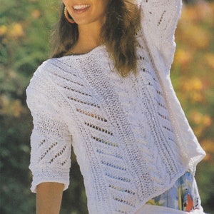 Womens Cable and Lace Sweater Top Knitting Pattern PDF Ladies 34 - 36 and 38 - 40 inch bust, Summer Sleeveless Jumper, Cotton DK 8 ply Yarn