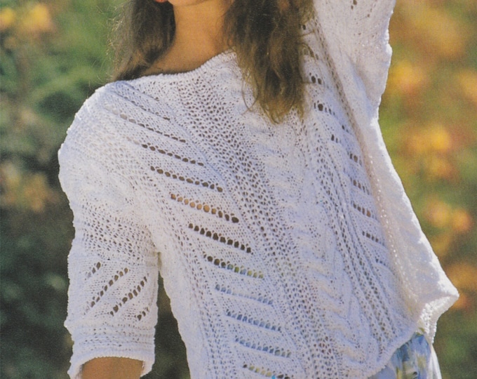 Womens Cable and Lace Sweater Top Knitting Pattern PDF Ladies 34 - 36 and 38 - 40 inch bust, Summer Sleeveless Jumper, Cotton DK 8 ply Yarn