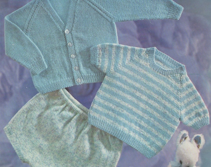Babies Sweater, Cardigan and Pants Knitting Pattern PDF Baby Boys 18, 20 and 22 inch chest, Nappy Cover-up Pants, Strippy Jumper, Download
