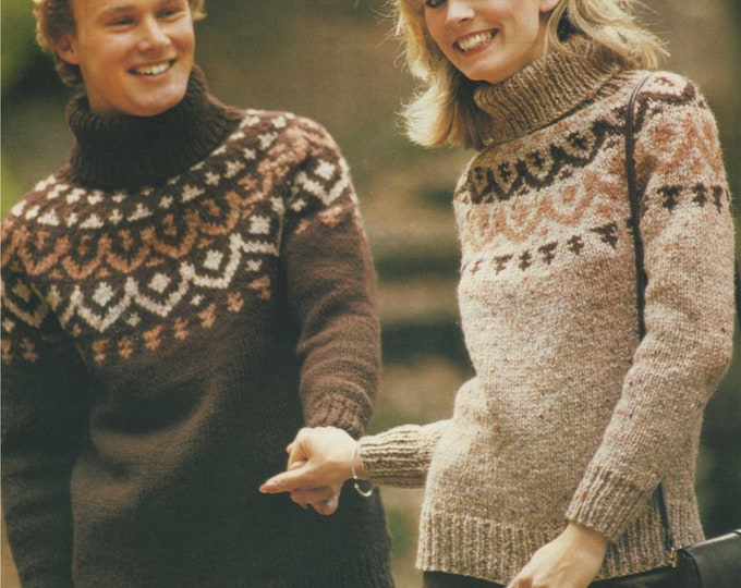 Fair Isle Yoke Sweater Knitting Pattern PDF Womens or Mens 28 - 30, 32 - 34, 36 - 38 and 40 - 42 inch chest, Fair Isle Jumper, Chunky Yarn