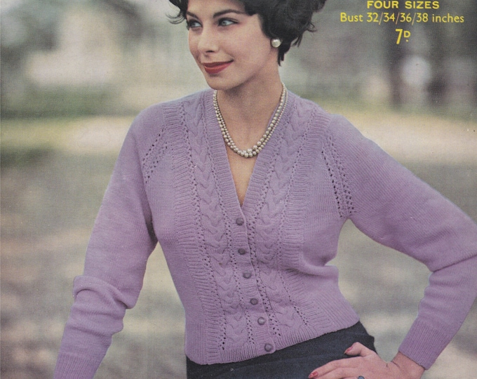 Womens V Neck Cardigan Knitting Pattern PDF Ladies 32, 34, 36 and 38 inch bust, Raglan Sleeves, Front Cable Detail, Vintage Knit Patterns