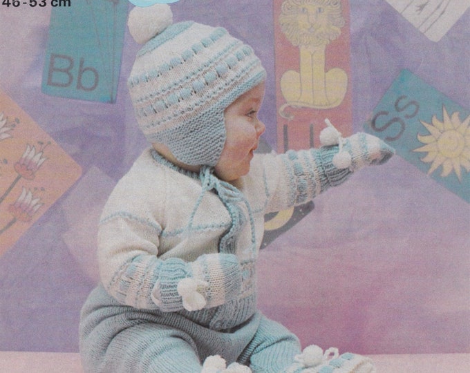 Babies Jacket, Leggings, Helmet and Mitts Knitting Pattern PDF Baby Boys or Girls 18 - 19 and 20 - 21 inch chest, Pram Set, QK Knit Patterns