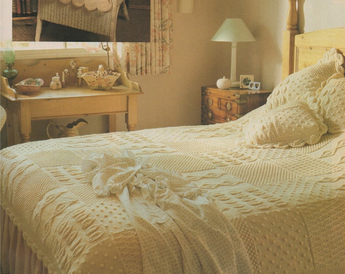 Aran Bedspread and Cushion Knitting Pattern PDF . Throw, Bed Cover,  Blanket, Knitted Squares . Vintage Knitting Patterns for the Home