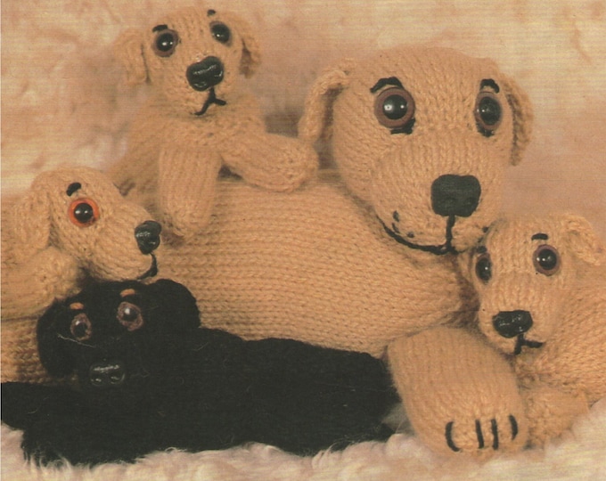 Dog and Puppies Toy Knitting Pattern PDF Cuddly Soft Toy Pattern, Toy Puppy Dogs, DK yarn, Vintage Toy Knitting Patterns, Download