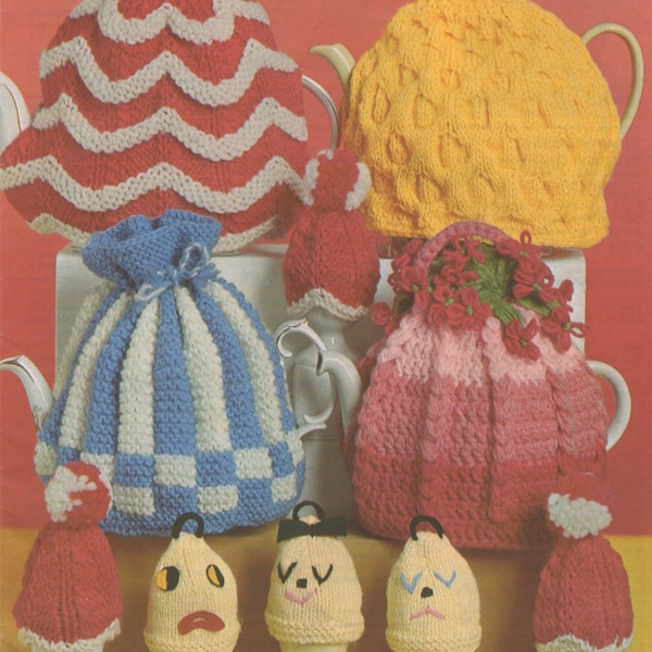 Tea Cosy & Egg Cup Cosies Knitting Pattern PDF, Teapot Cozy, Kitchen Breakfast Fun, Easter, Vintage Knitting Patterns for the Home, Download