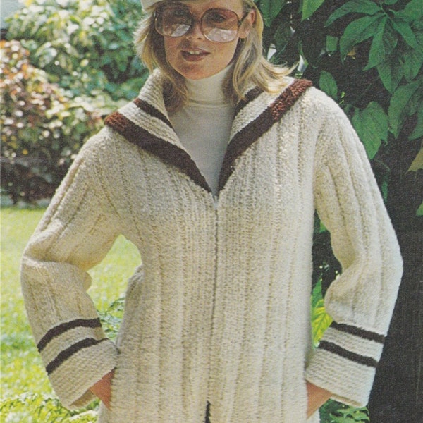 Zip Jacket with Collar Knitting Pattern PDF Ladies 34, 36 and 38 inch bust, Boucle Chunky 12 ply Yarn, Vintage Knit Patterns for Women