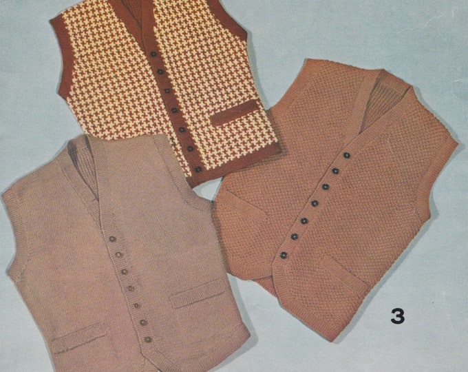 Mens Waistcoat Knitting Pattern PDF in 3 Designs 38, 40 and 42 inch chest, Gilet, DK, Double Knitting, 8 ply yarn, Vintage Knit Patterns