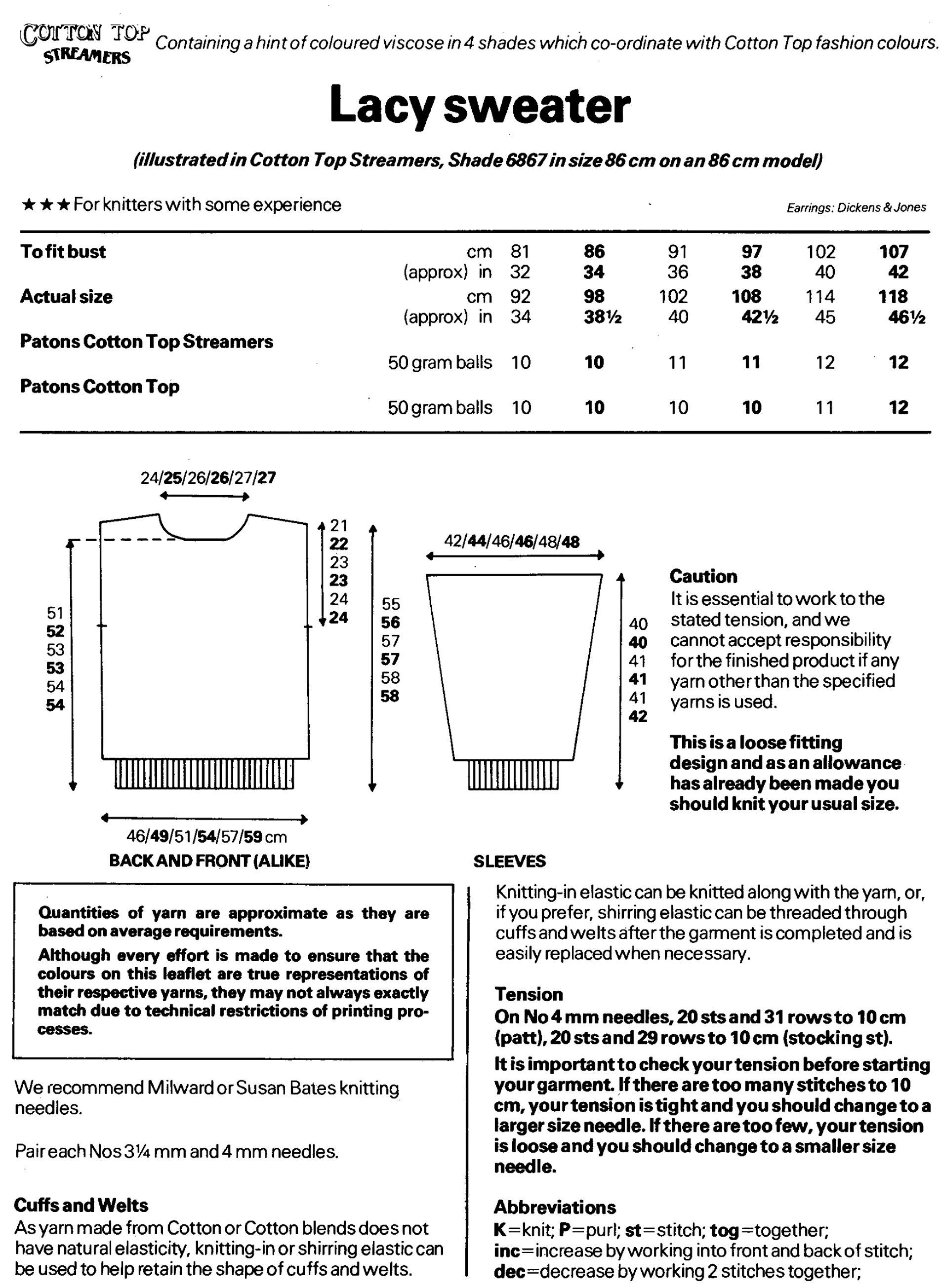 Womens Lacy Sweater Knitting Pattern PDF Ladies 32, 34, 36, 38, 40 and 42 inch bust, Cotton