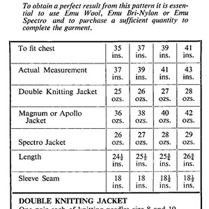 以下が含まれることがあります： ジャケットの編み図の白黒図。図には、スコッチダブルニット、ダブルクレープ、ロマニードブルニット、ブリナイロンダブルニット、マグナム、アポロチャンキーニットクレープ、スペクトロなど、さまざまな糸の種類の指示が含まれています。図には、胸囲のサイズ別の表も含まれており、各サイズに必要な糸の量も記載されています。
