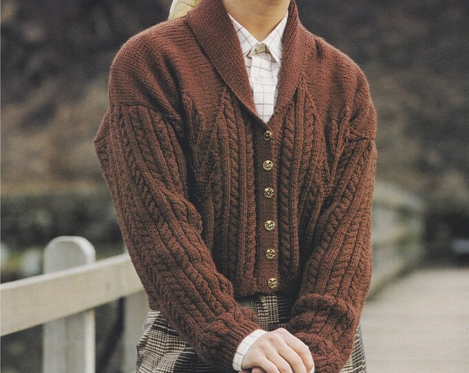 Womens Cable Patterned Jacket with Collar Knitting Pattern PDF Ladies 30 - 32, 34 - 36 and 38 - 40 inch bust, DK 8 ply Yarn, Knit Patterns