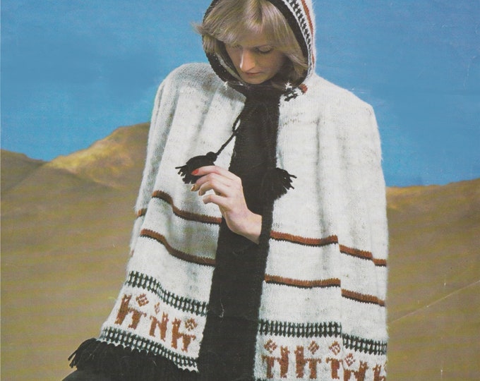 Ladies Aran Fair Isle Cape with Hood Knitting Pattern PDF, Winter Season, Vintage Knitting Patterns for Women