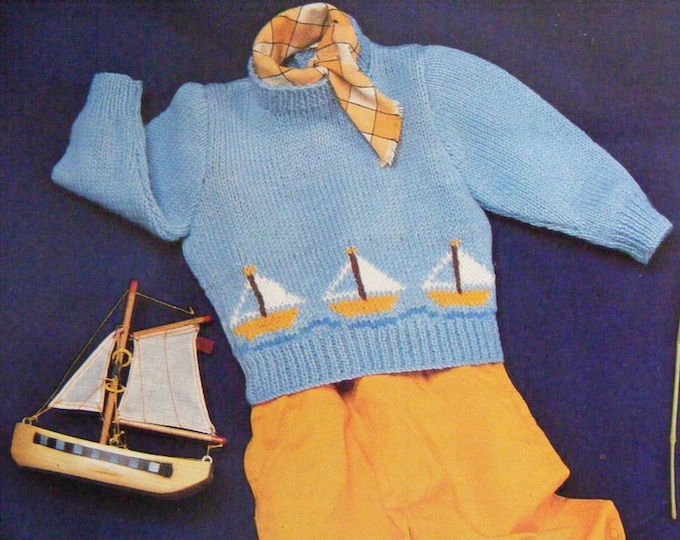 Babies / Toddlers Sweater with Boat Motif Knitting Pattern PDF Boys or Girls 17, 18 and 19 inch chest, Vintage Knitting Patterns for Baby