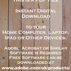 Peut inclure: Texte sur un fond en bois qui indique "Ceci est un fichier PDF T&eacute;l&eacute;chargement num&eacute;rique instantan&eacute; sur votre ordinateur personnel, ordinateur portable, iPad ou autres appareils. Adobe Acrobat ou un logiciel similaire est requis. Le logiciel gratuit peut &ecirc;tre t&eacute;l&eacute;charg&eacute; sur www.adobe.com/uk/products/reader.html"