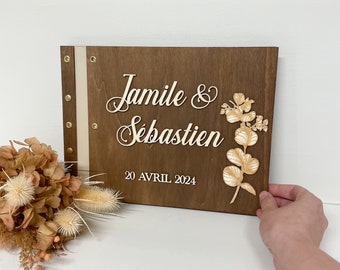 Gepersonaliseerd houten bruiloftsgastenboek in reliëf + gegraveerde eucalyptus