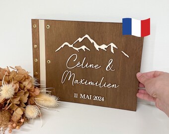 Livre d'or mariage moderne en bois personnalisé en relief montagne