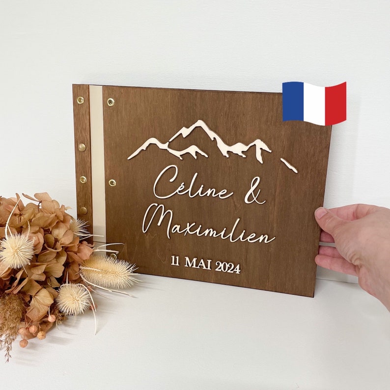 Livre d'or mariage moderne en bois personnalisé en relief montagne image 1