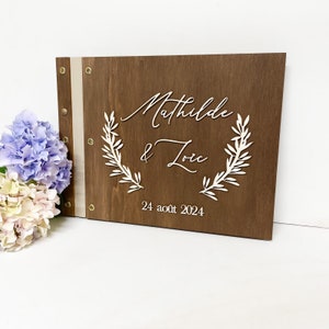 Personalized modern wooden wedding guest book in relief + olive wreath
