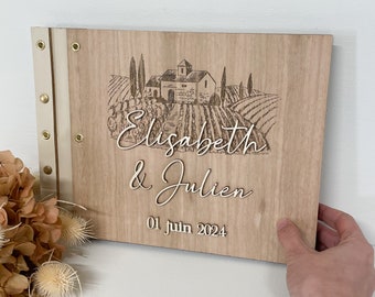 Modern houten bruiloftsgastenboek gepersonaliseerd in reliëfwijnwijngaarddruifthema