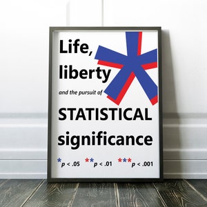 May include: A black framed poster with a white background and a red and blue asterisk. The text on the poster reads "Life, liberty and the pursuit of STATISTICAL significance *p < .05 **p < .01 ***p < .001"