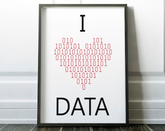 May include: A framed print with the text "I" in black, followed by a heart shape made of red binary code, and the text "DATA" in black.
