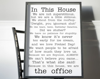 The Office Poster office tv show print In this house office Poster Funny Quotes Office Fan Poster Michael Scott Jim Dwight Dunder Mifflin