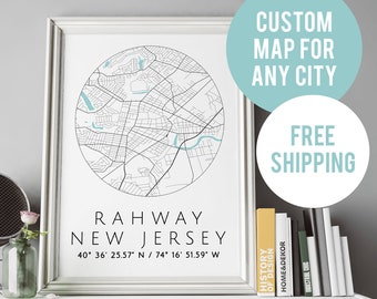 Rahway mapa personalizado, cualquier mapa de la ciudad, Rahway, Nueva Jersey Impresión de mapa personalizado, mapa personalizado, mapa personalizado de la ciudad, mapa personalizado, personalizado H7