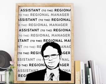 May include: A black and white illustration of a man with glasses and a tie. The text "Assistant (to the) Regional Manager" is repeated multiple times in a vertical column.