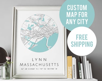 Lynn custom map, Any City Map, Lynn, Massachusetts Custom Map Print, Personalized Map, Custom City Map, Custom Map, Custom Map Poster H7