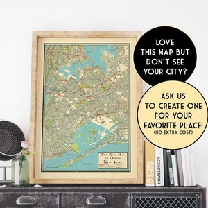 Vintage retro design map of Queens, New York, vintage looking map, Queens gift, NYC road map, new york city map, ny map, new york road