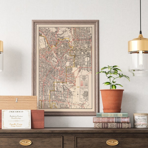 Old map of Central and East Los Angeles, 1934 antique map of Los Angeles, Pasadena, Downtown, Glendale, Griffith Park map poster, Alhambra