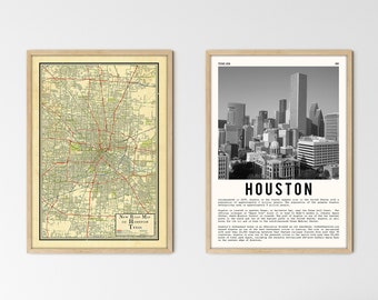 Set of 2 Houston, Texas prints, map and retro city poster, Houston housewarming gift, Houston grad gift, Houston map, Houston history