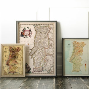 Set of 3 Portugal vintage maps, old Portugal map, 1682, 1915 and 1917 maps, antique maps of Portugal, Lisboa, Porto, Braga, Algarve, Lagos