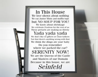 Affiche de Seinfeld, impression d'émission de télévision seinfeld Dans cette maison, citations de Seinfeld, cadeau fête des pères, cadeau de mari Kramer, George Seinfeld, Elaine Seinfeld