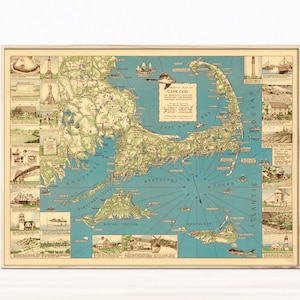 May include: A vintage map of Cape Cod, Massachusetts, with a blue background and green landmasses. The map includes various landmarks and points of interest, such as lighthouses, bridges, and towns. The map is surrounded by a beige frame.