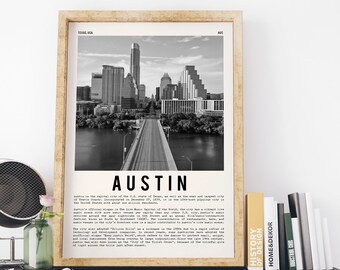Austin Print, Austin Poster, Austin Texas Wall Art,  Austin painting, home decor, black and white print,  Austin decor vintage inspired Aus2