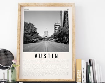 Austin Print, Austin Poster, Austin Texas Wall Art,  Austin painting, home decor, black and white print, Austin decor vintage inspired Aus3