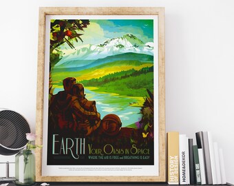 Earth space travel print designed by JPL/Nasa, space tourism poster, space exploration, solar system, futuristic art, modern art