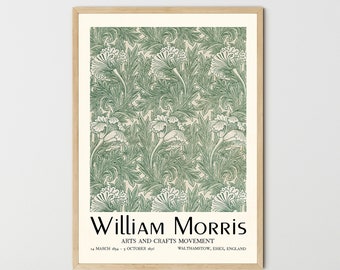 May include: A framed poster with a green and white floral pattern. The poster features the text "William Morris" and "Arts and Crafts Movement".