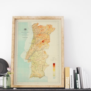 May include: A vintage map of Portugal with a color-coded elevation chart. The map is framed in a light wood frame and is titled "Carta Hipsometrica de Portugal".