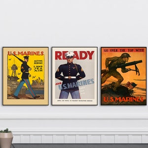 Set of 3 Marine Corps Gifts, Fathers Day US Marines, Vintage Military Poster Retro Military Marines Semper Fidelis Semper Fi Gift for Marine