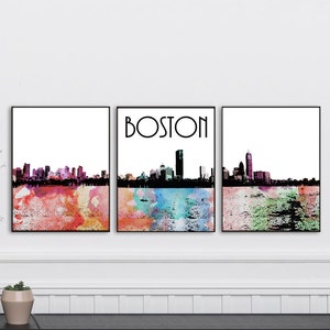 Boston Watercolor Poster Set of 3 Boston Skyline Poster Boston Poster Boston city poster city Art poster Boston Wall Decor Wall Gift Celtics