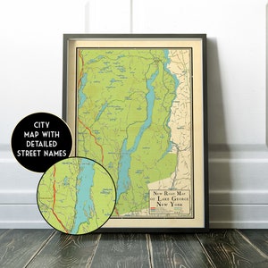 Map of Lake George, New York vintage design map of Lake George, Lake George gift, lake house decor, Lake George, NY new home, nautical