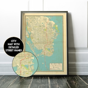 Vintage retro design map of St Petersburg, Florida vintage looking map, St Petes gift, Saint Petersburg , FL poster, St. Pete, Tampa Bay