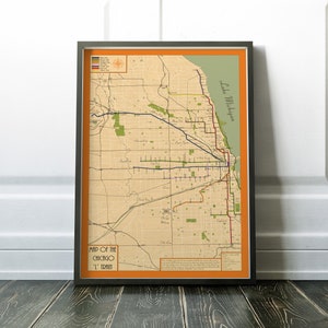 Retro Map of Chicago L train system, vintage style map of elevated train in Chicago, Old Town, Logan Square, red line, Chicago train map