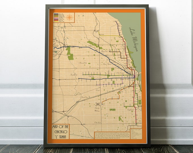 Retro Map of Chicago L train system, vintage style map of elevated train in Chicago, Old Town, Logan Square, red line, Chicago train map