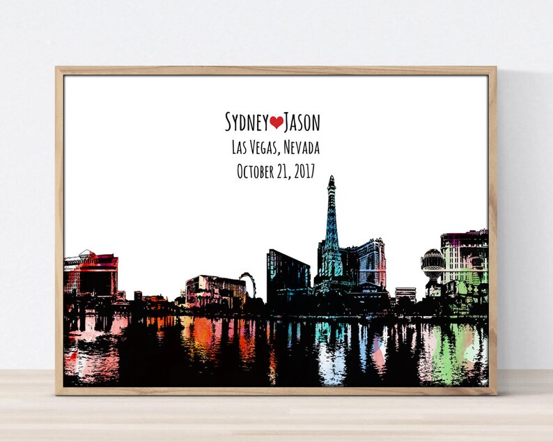 May include: A colorful watercolor illustration of the Las Vegas skyline with the text "Sydney &hearts; Jason Las Vegas, Nevada October 21, 2017" at the top.