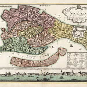 May include: An antique map of Venice, Italy, with detailed outlines of the city's canals and islands. The map is printed in shades of green, yellow, pink, and brown, with text in Italian and Latin. The title "Venetia" is displayed in a decorative cartouche at the top of the map.